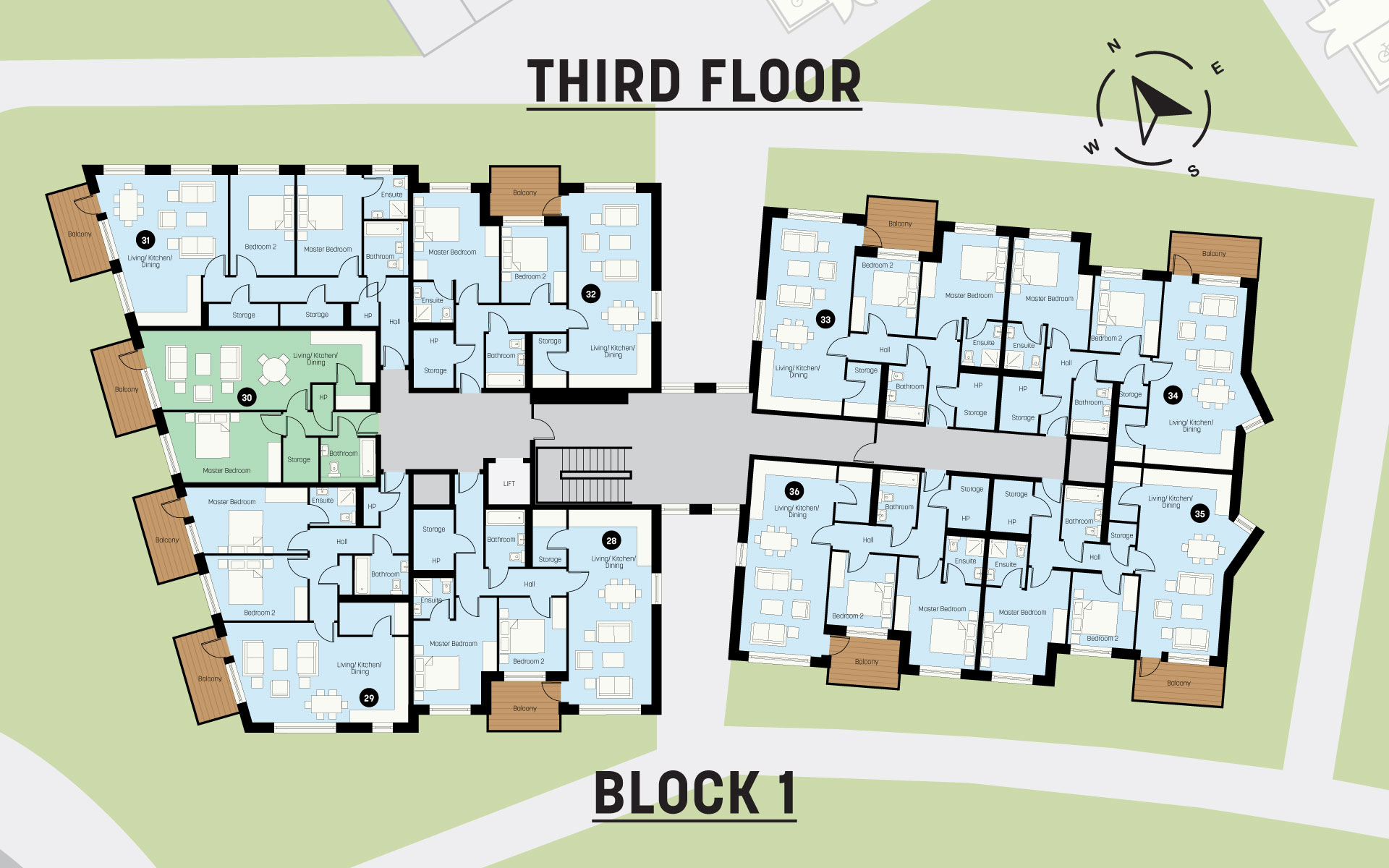 Third floor architectural floor plan of Block 1 showing multiple apartments with two bedrooms, living/kitchen/dining areas, bathrooms, storage, and balconies, with a central corridor connecting two building sections and a compass indicating north.